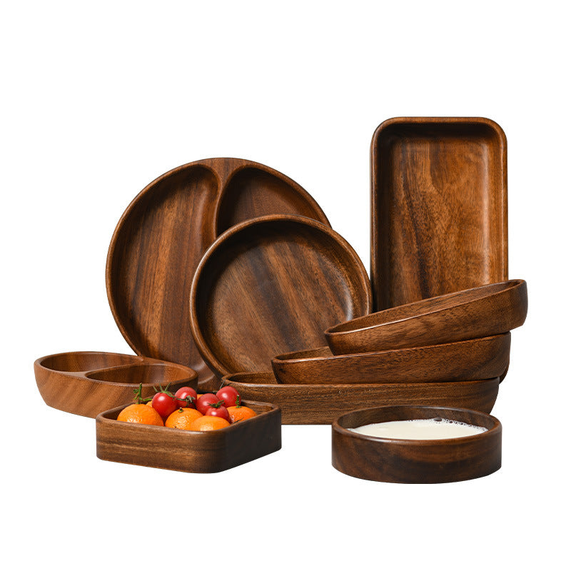 Walnut wood fruit platter solid wood round salad bowl dish dinner plate household kids fruit plate wholesale wooden tray
