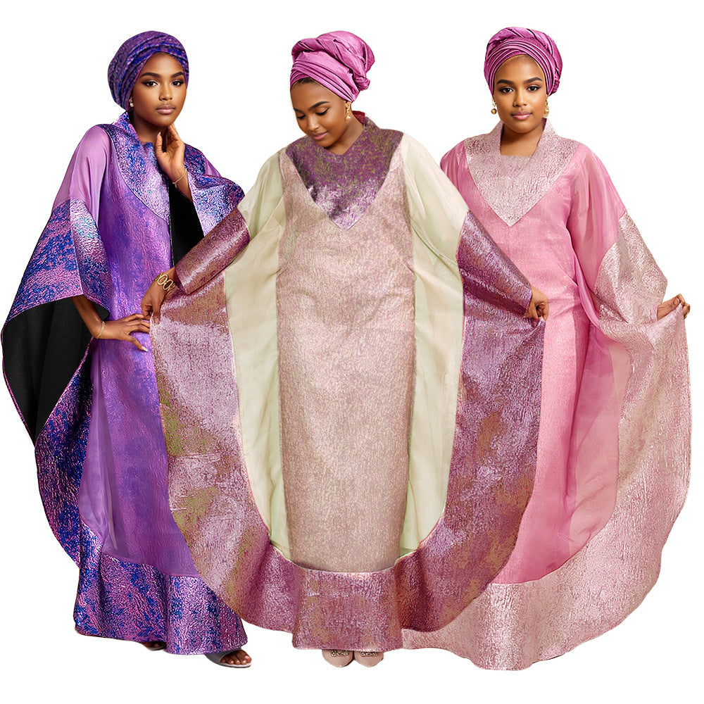 Aliexpress cross-border export african hot stamping plus size robe headscarf women's tassel dress + vest two-piece set