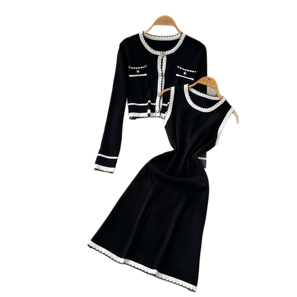 Xiaoxiangfeng socialite classysuit women's autumfashioncontrast color round neck long sleevesknittingcardigan sleeveless vest skirt