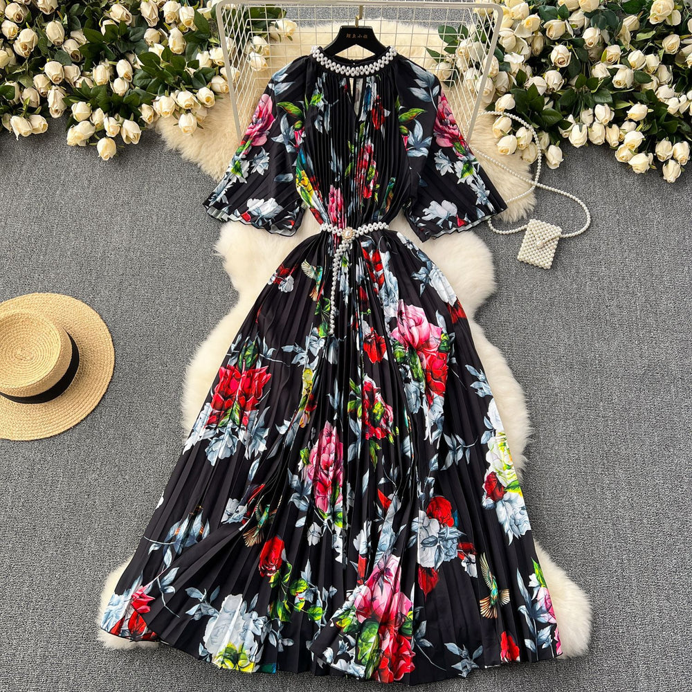 European and american high-end elegant dress - new women's beaded round neck short sleeve cinched waist loose pleated printed maxi dress