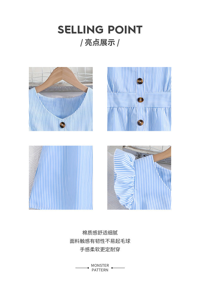 Summer girls' flutter sleeve pinstripe dress - blue & white single-breasted button-down french style a-line sundress
