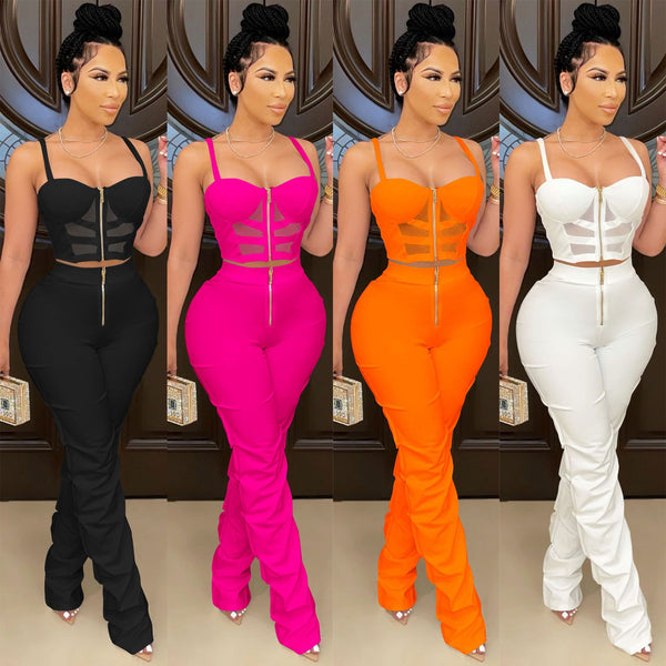 X5215   Ebay Solid Color Sexy Women's Sling Breast Wrap Zipper Vest Trousers Two-piece Set