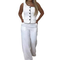 european and american style women's solid color one-shoulder sleeveless single-breasted top + high-waisted slimming wide-leg pants two-piece set