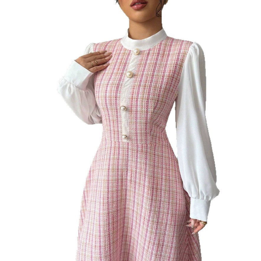 european and american new arrival: pink-toned vertical stripe chanel-inspired maxi dress with stand collar, chiffon bubble long sleeves, and pearl button detail