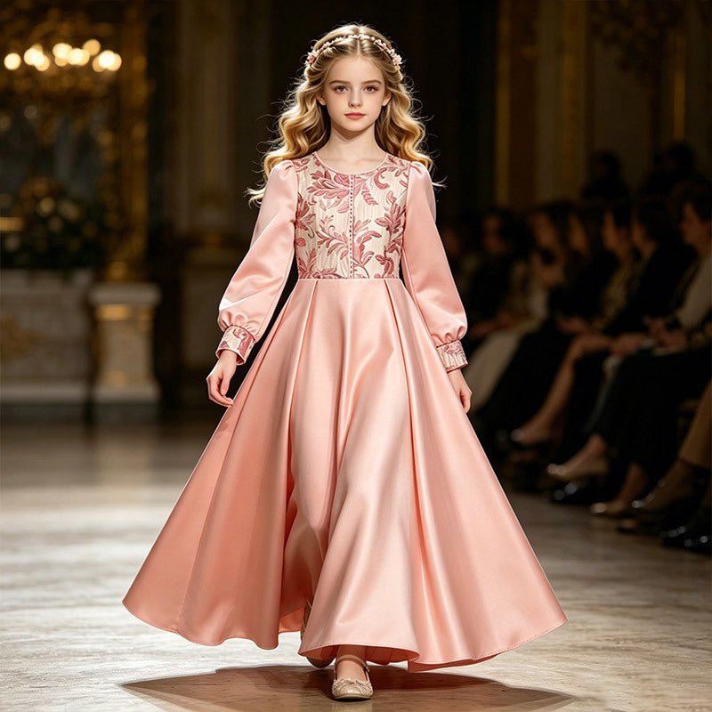 European and american new style teenage robe evening dress, big kids long dress, girls' formal dress, princess dress, long sleeve satin formal dress