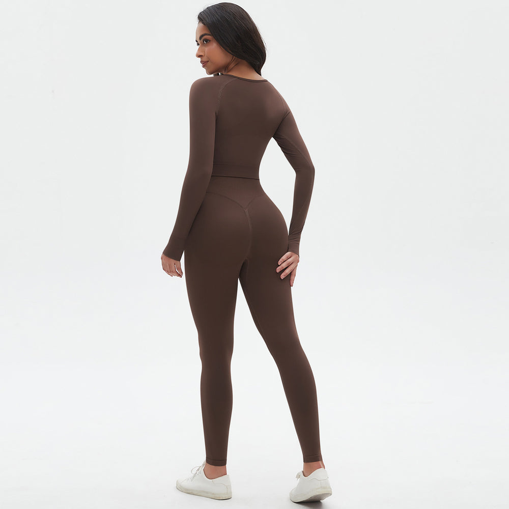 fashion seamless knittingpure color tight high elastic yoga suit sports running fitness suit two-piece set for women