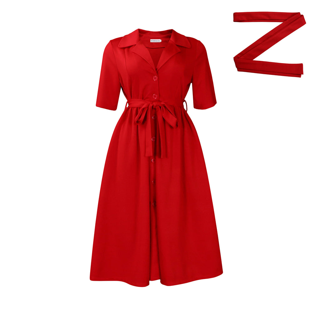 D506 african women's fashion summer  new arrival: chic blazer collar short sleeve solid color cinched waist flared hem export dress