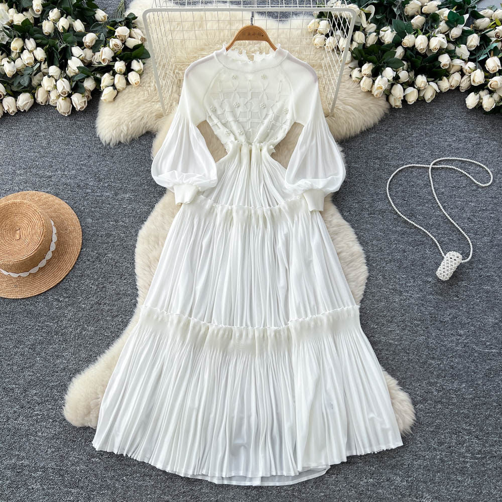 Frenchretro lantern sleeve pleateddress women's waist slimming lookk-style a-line long skirt lady style layered long skirt