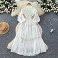 Frenchretro lantern sleeve pleateddress women's waist slimming lookk-style a-line long skirt lady style layered long skirt