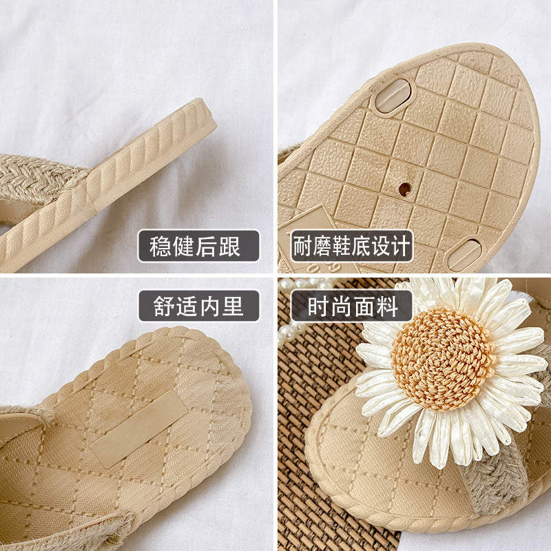 Sunflower slides women's flat outdoor wear imitation straw weaving travel beach shoes summer new anti-slip slippers women