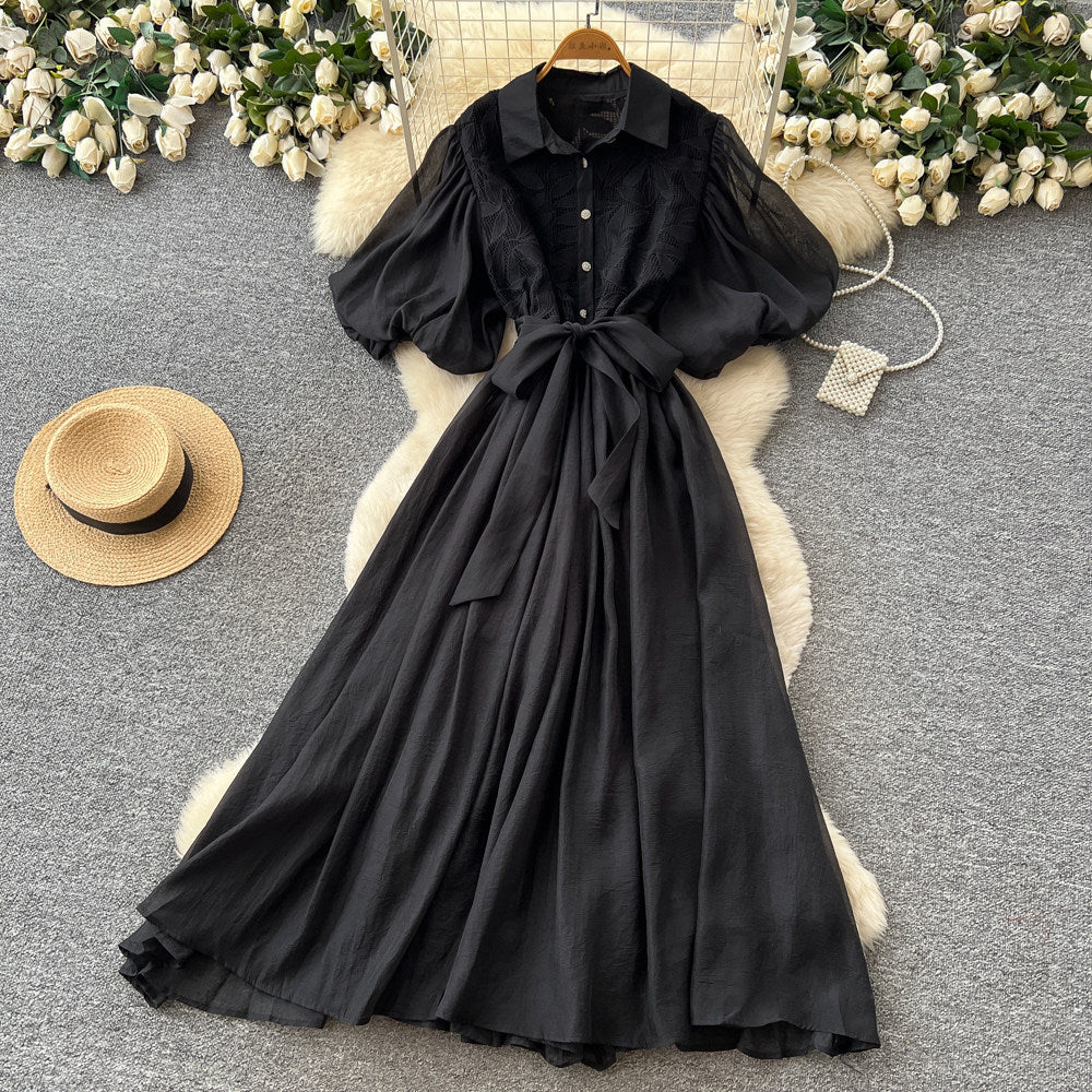 French gentle style pink lantern sleeve dress women's summer k-styletie backcut out waist a-line skirt work clothing slimming look