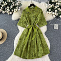Frenchfashionable heavy industry diamond-encrusted polo collar short-sleeved dress women's summer strappy waist cut outembroider shirt skirt