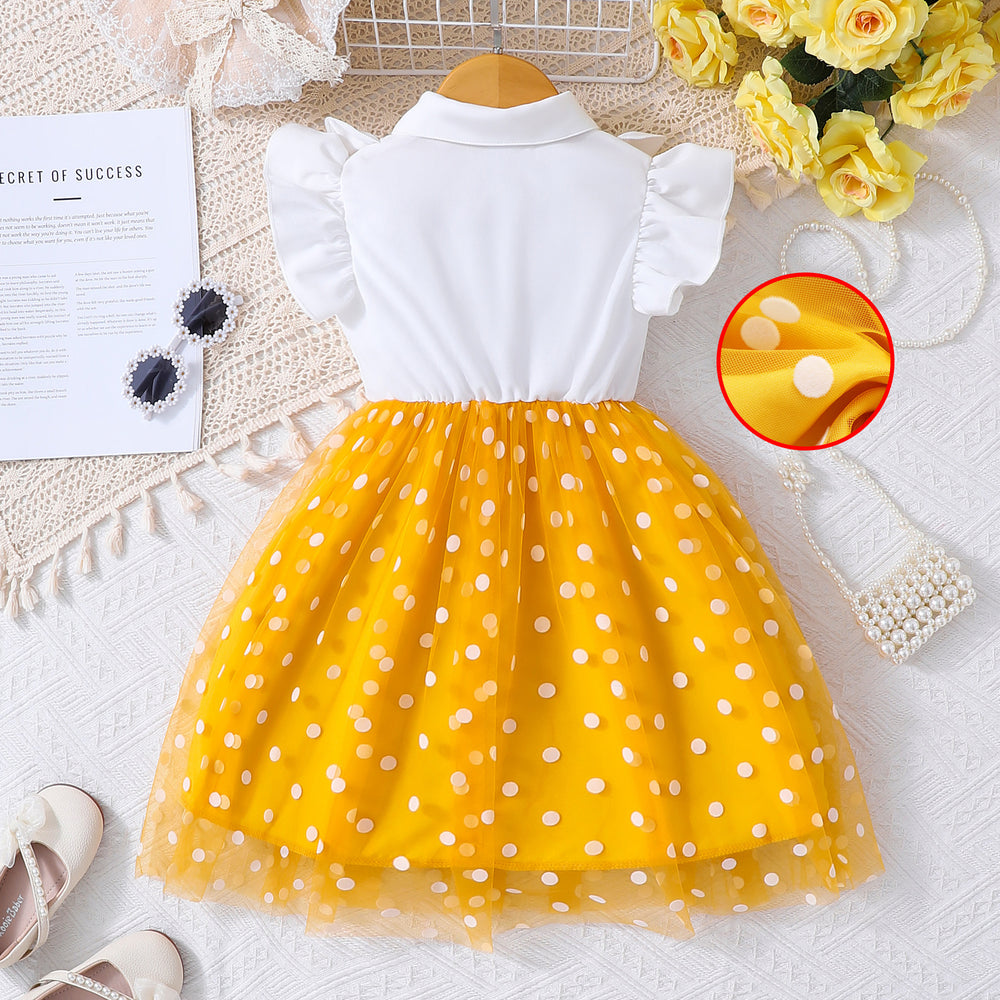 Girls' dress for toddlers and young children, ruffle trim mesh dot dress