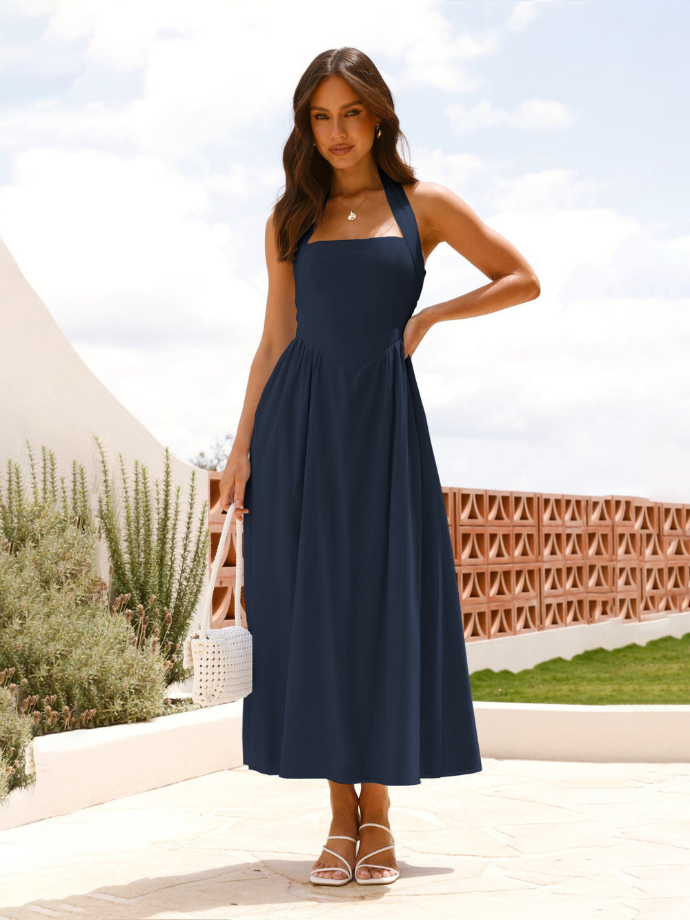 Export  fashion cross-border women's clothing  new arrivalelegantpure color square neck waist halter backless dress