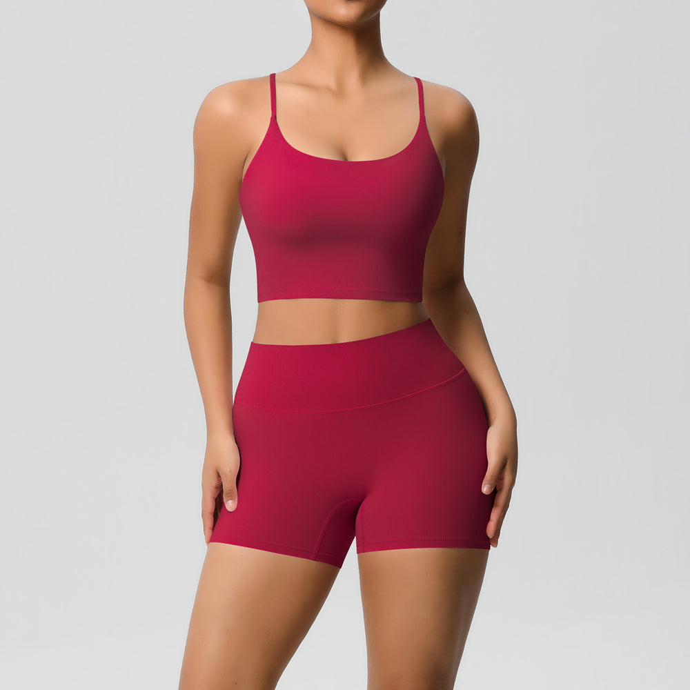 New arrival: cross-border brushed solid color racerback compression breathable yoga set - women's activewear running & fitness shorts set