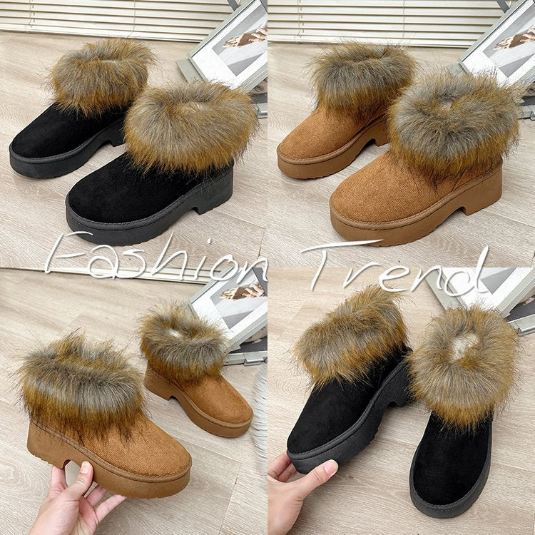 new cross-border faux mink fur boots for women - round toe, chunky sole, plush lined, fluffy snow boots