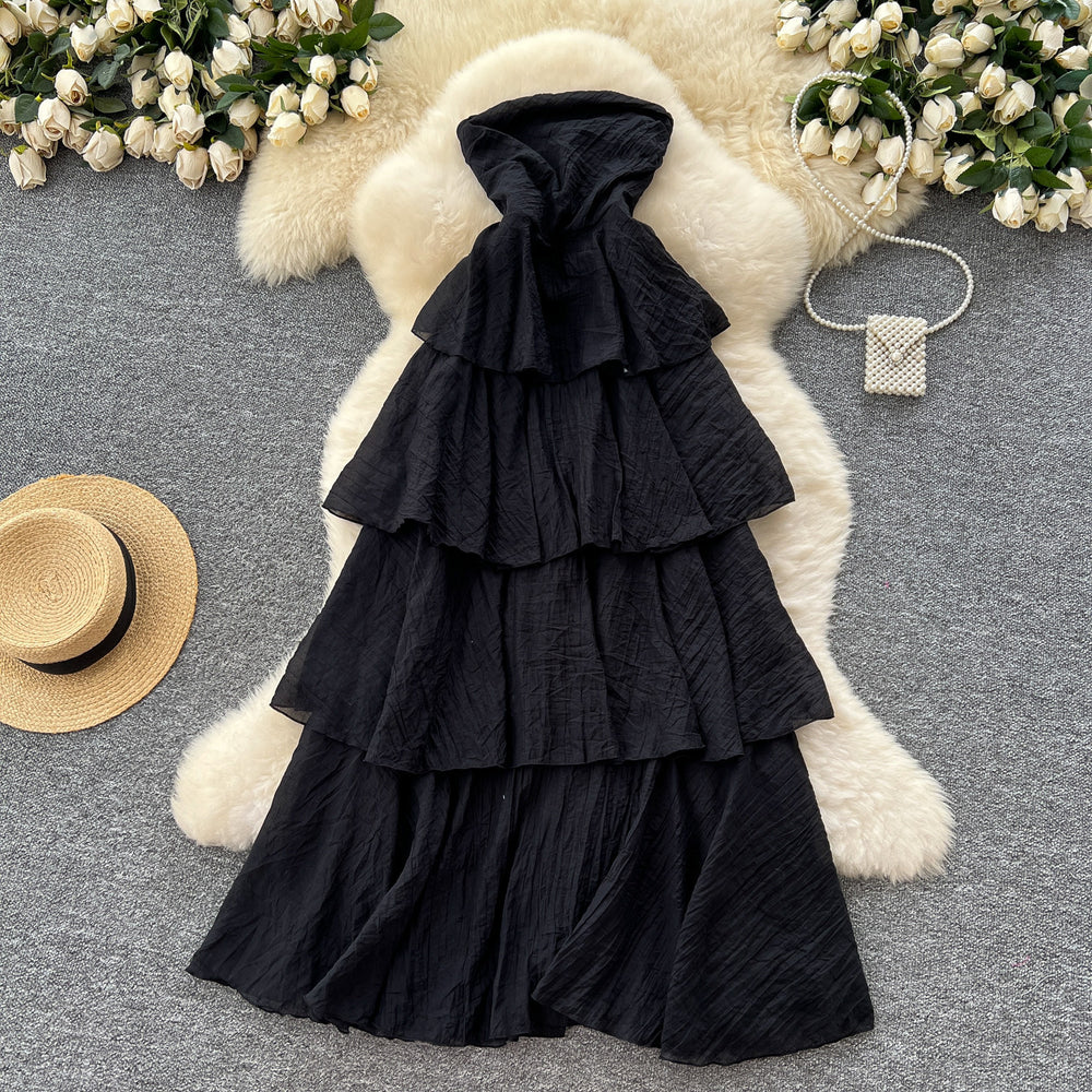 Sleeveless bandeau dress women's summer french style cinched waist slimming elegant vacation style long dress fairy cake dress