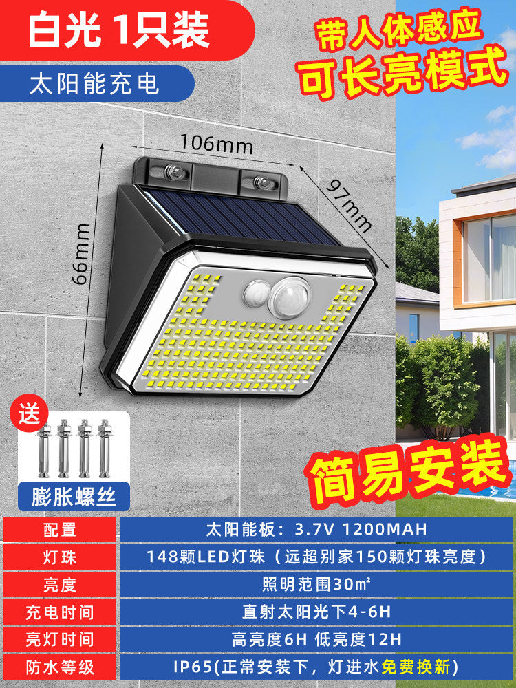 Solar powered motion sensor light - outdoor patio wall lamp, waterproof, for home, balcony, yard, landscape, and entryway lighting
