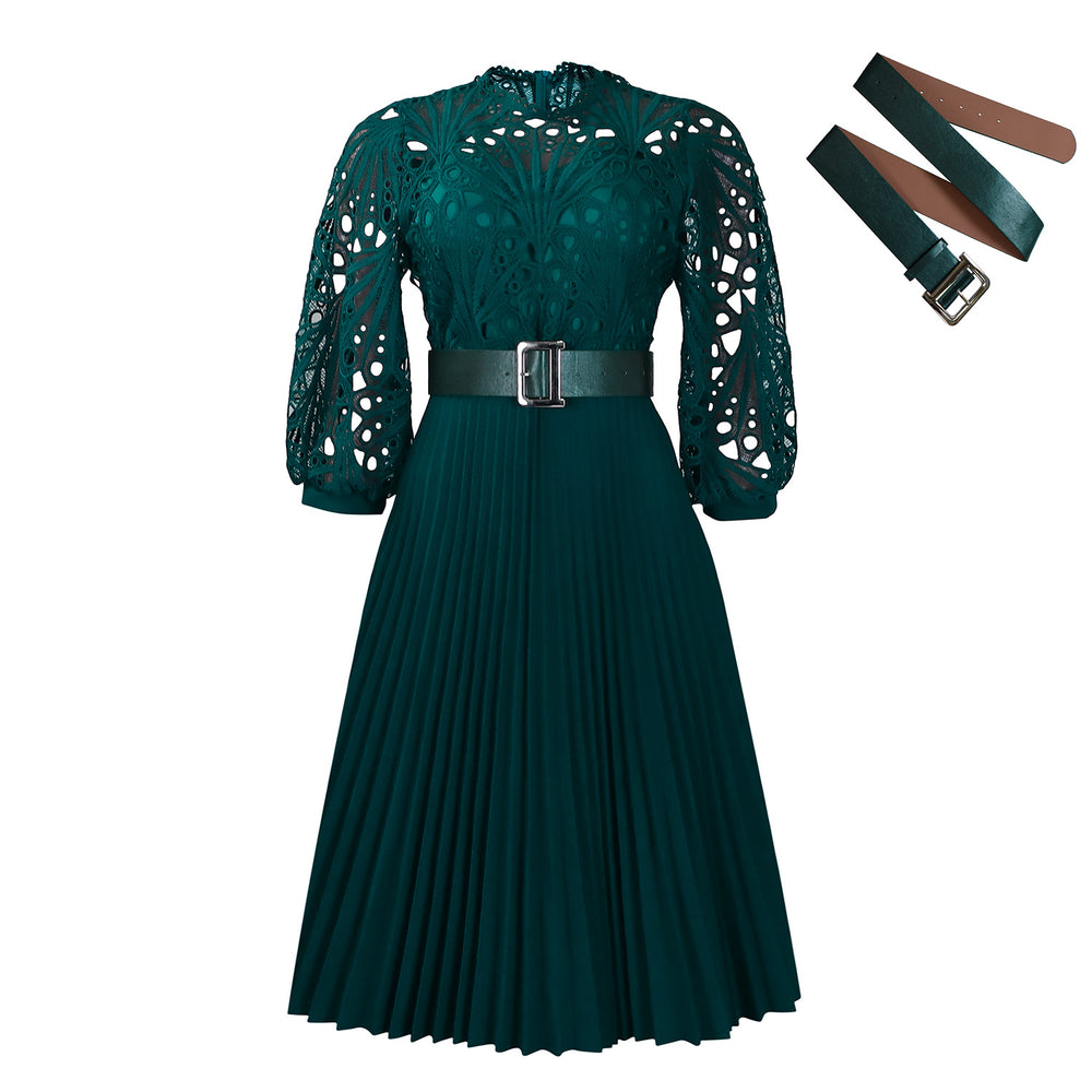 C8595 european and american export women's clothing  new arrival elegant solid color lace crochet hollow-out pleated cross-border dress