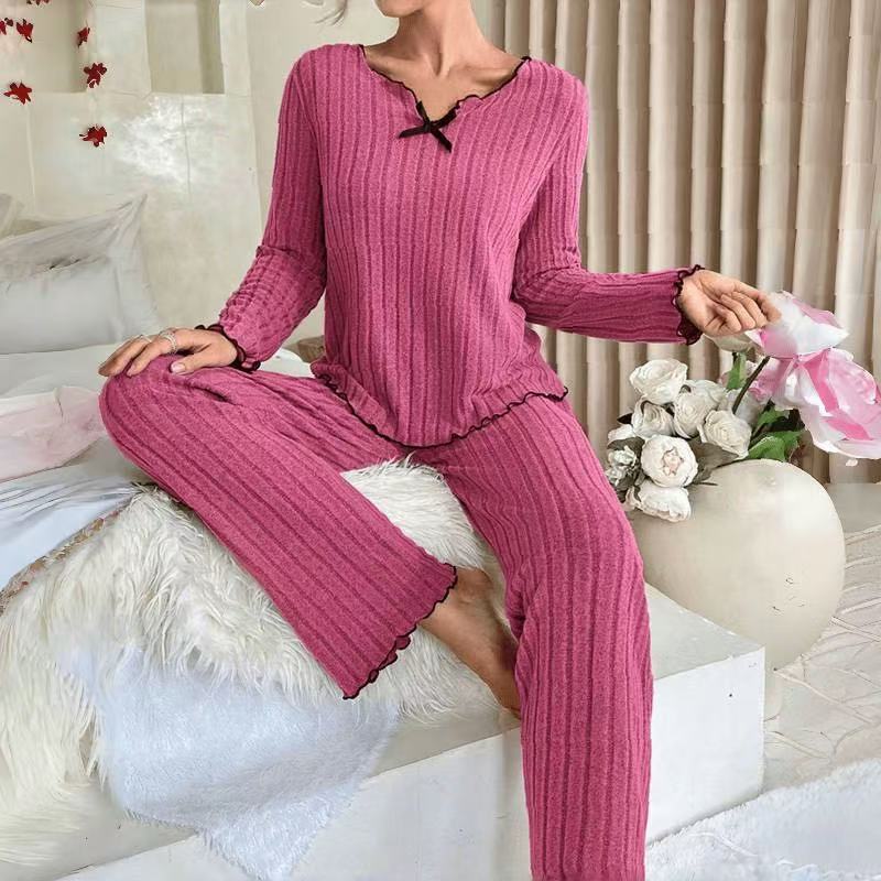 New european and american style cross-border  hot-selling black trim casual loungewear set - fleece knit ribbed home outfit, suitable for wearing outdoors