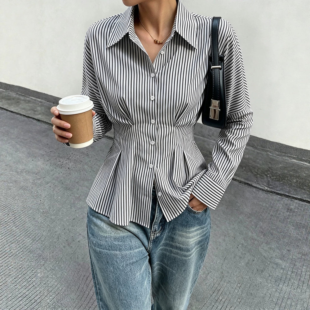 Women's slim-fit shirred waist vertical stripe long sleeve blouse - wholesale