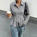Women's slim-fit shirred waist vertical stripe long sleeve blouse - wholesale
