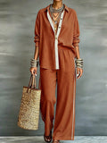 Exportplus size relaxation work clothing set retro gray linen shirt elastic waist side strips wide leg pants two-piece set