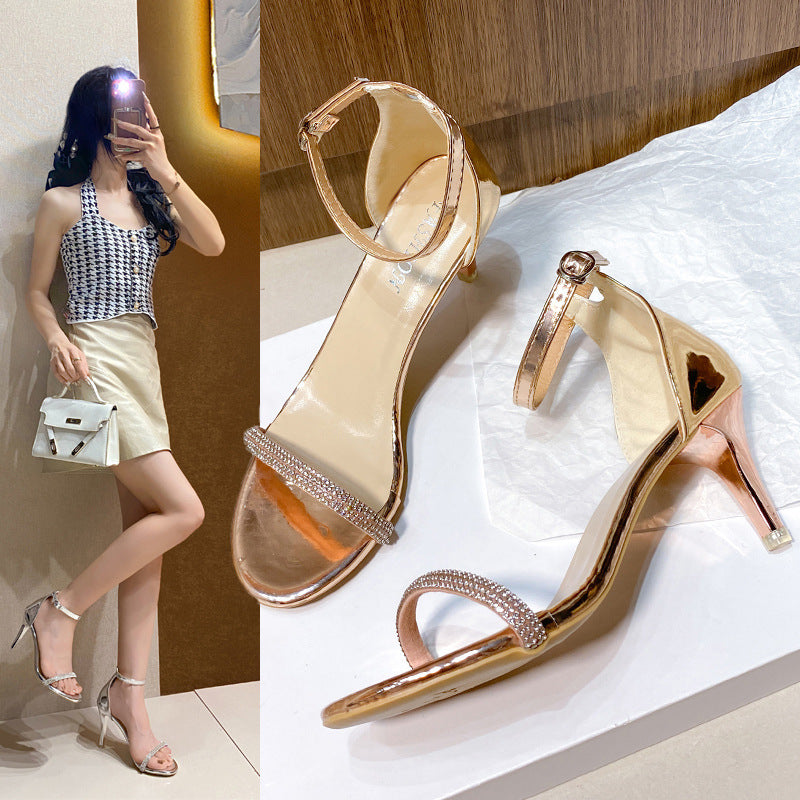 One-word strap high heels women's spring and summer 2024 new versatile silver sexy rhinestone open-toed stiletto sandals women