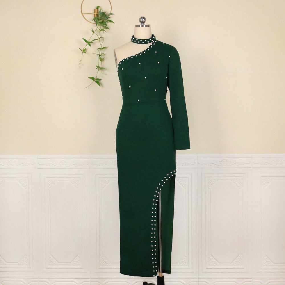 Am210821 one shoulder long sleeves slit banquet evening dress plus size women's dress party dress