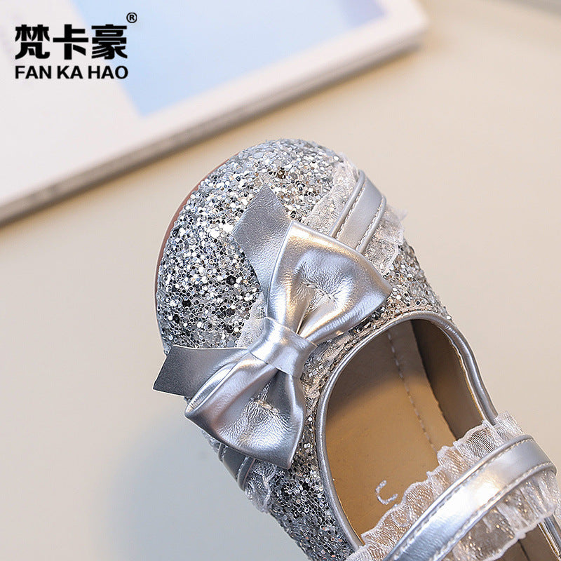 Vancahao girls' fashion sequin bow princess shoes, new korean style children's single shoes and dance shoes for spring/autumn