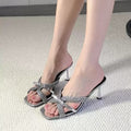 2026 stiletto heel square toe mules - rhinestone high heel sandals for women - silver summer outdoor wear - trendy bow design