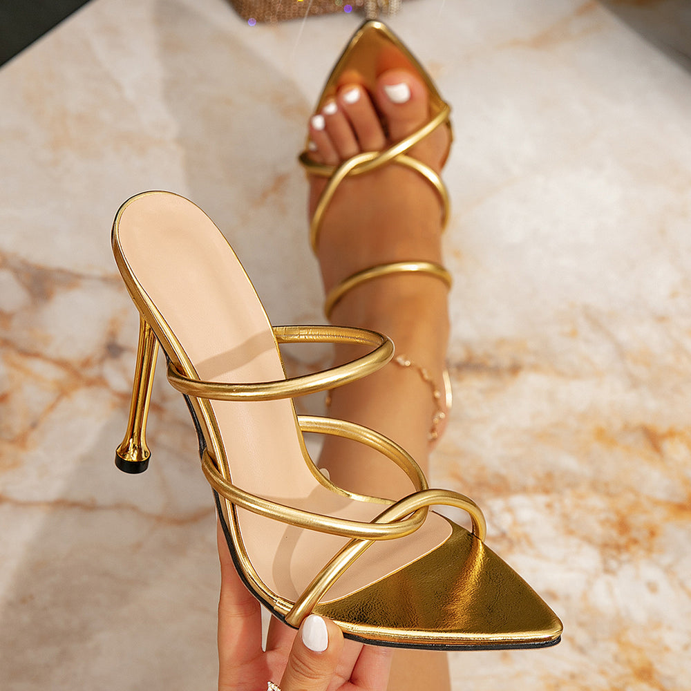 Women's gold fashion high heel sandals - stiletto heel slip-on pointed toe decorative minimalist high heel sandals
