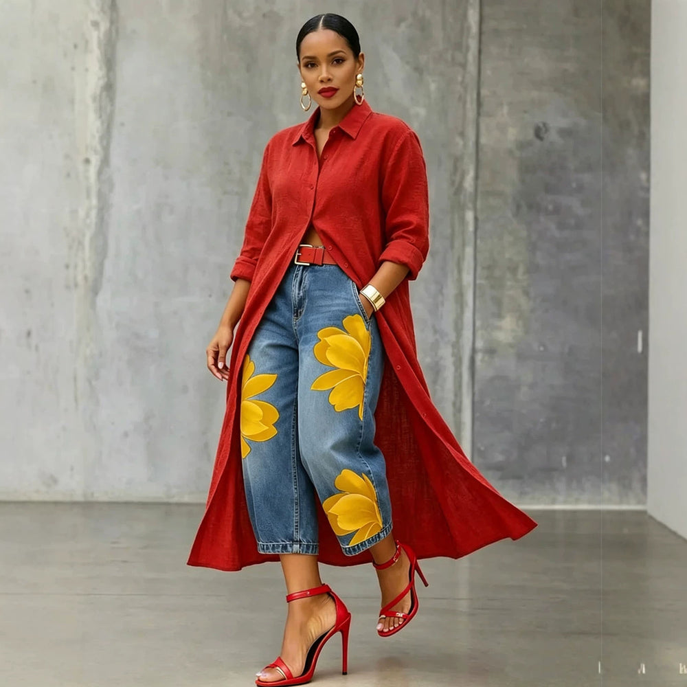 European and american style floral denim jeans - new women's streetwear fashion printed cropped pants for  cross-border e-commerce