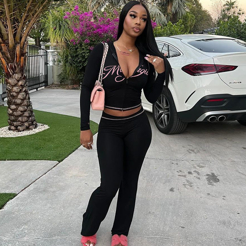 European and American  women's clothing 2025 early spring new long-sleeved hooded cardigan printed high-waisted tight flared pants set