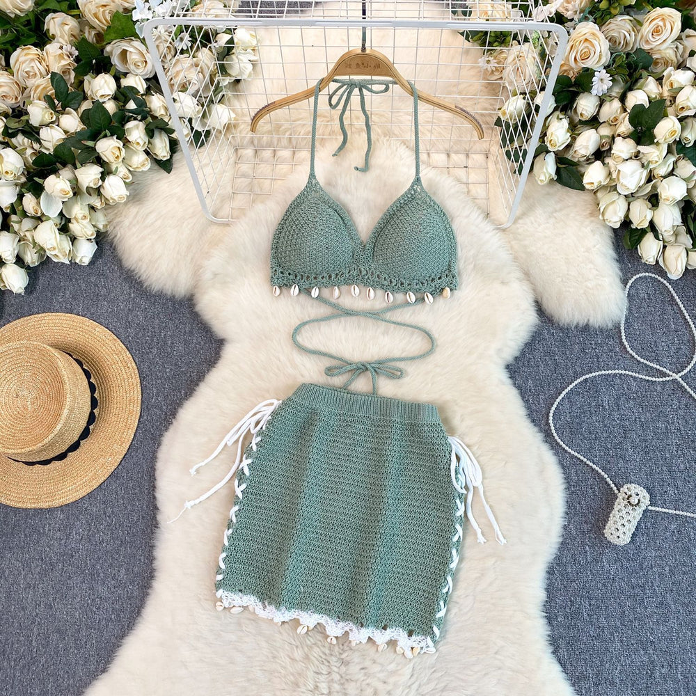 Beach vacation bikini set - women's versatile tassel halter top & knit midi skirt two-piece