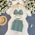 Beach vacation bikini set - women's versatile tassel halter top & knit midi skirt two-piece