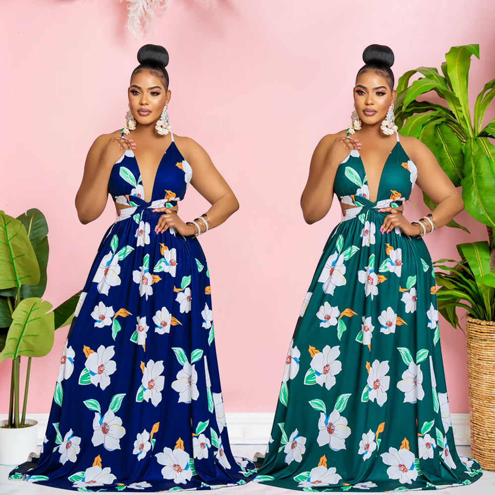 C6302 cross-border   fashion women's floral print sleeveless cami maxi dress
