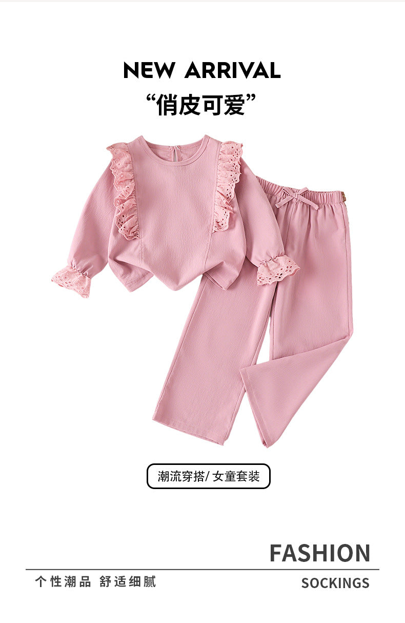 Girls' pink lace trim crewneck sweatshirt and bowknot patchwork pants set - stylish two-piece outfit for spring and autumn