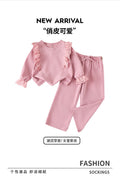 Girls' pink lace trim crewneck sweatshirt and bowknot patchwork pants set - stylish two-piece outfit for spring and autumn