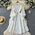French retro court style heavy embroidered hollow-out round neck single-breasted lantern sleeve tie-waist elegant dress