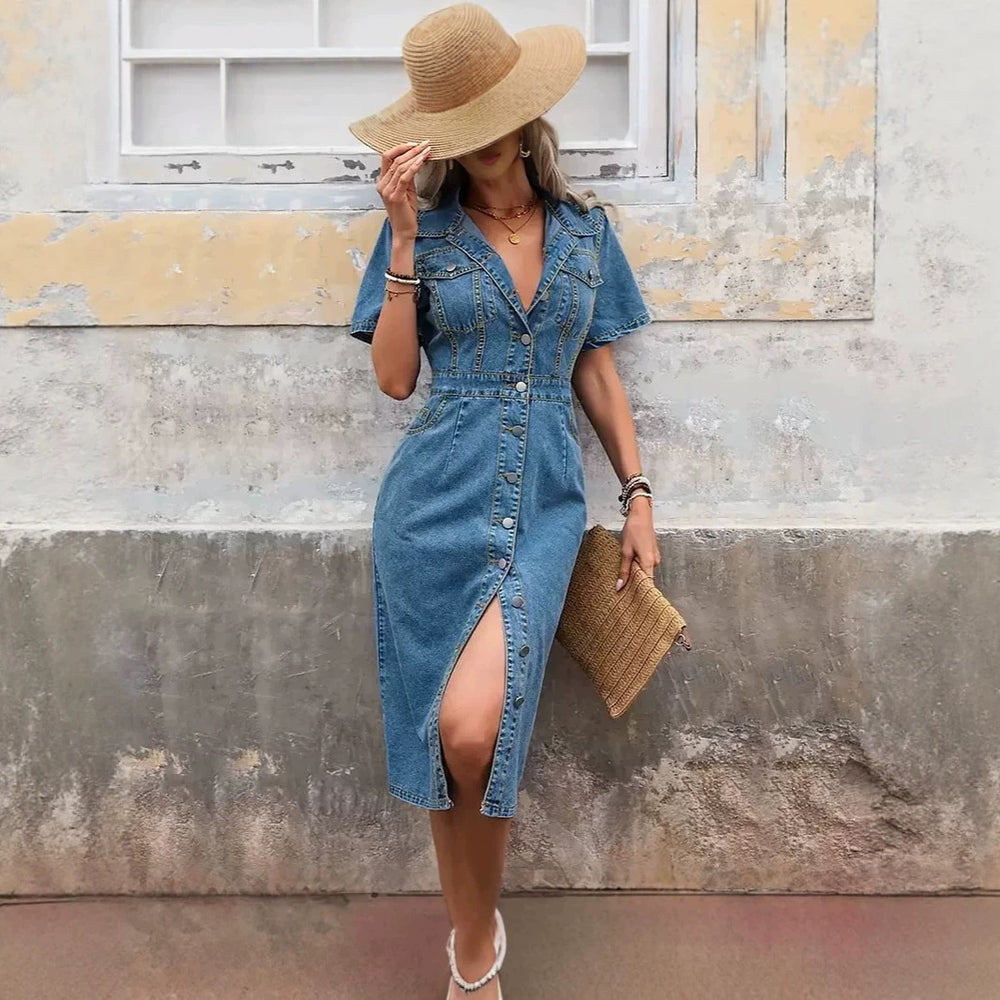new arrivalplus size women's clothing  lapel denim short-sleeved cardigan medium dress export