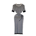 Lightly mature royal sister style round neck silm pleated stripesdresseleganceelegant goddess style classy sense hip-covering long skirt
