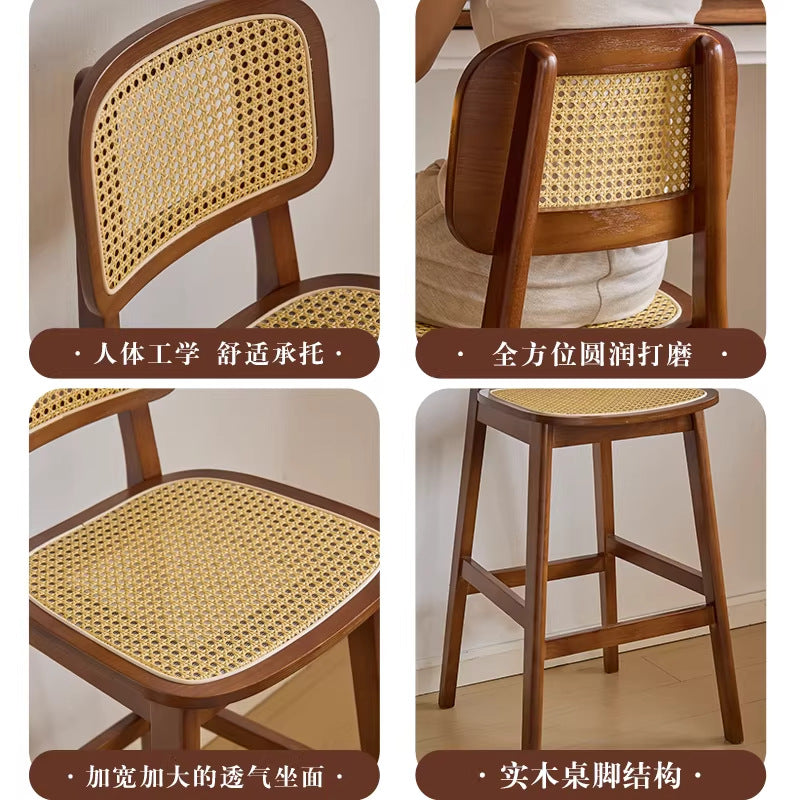 Casual modern rubber wood high bar stool wabi-sabi style rattan bar chair for home island chair other cloth dining chair