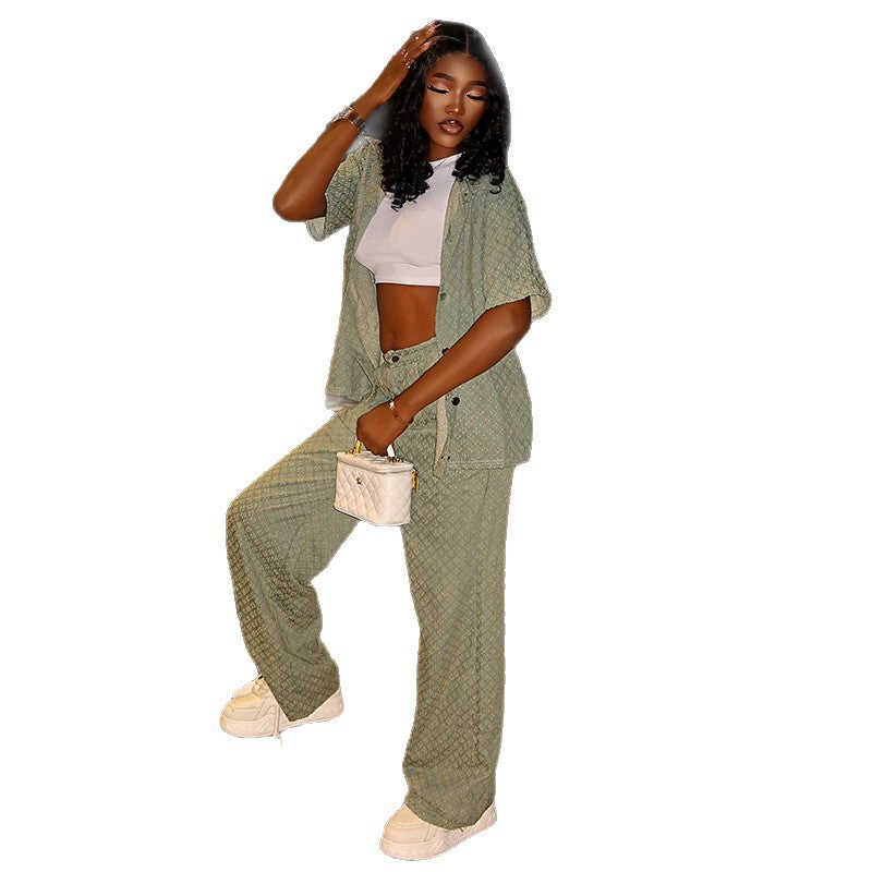 European and american women's clothing  autumn new collection: sweet and fresh turn-down collar short-sleeve shirt top and high-waisted straight-leg pants two-piece set