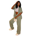 European and american women's clothing  autumn new collection: sweet and fresh turn-down collar short-sleeve shirt top and high-waisted straight-leg pants two-piece set