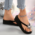 2025 new summer wedge heel thong sandals - platform, chunky sole, european & american style, rhinestone flower detail, women's outdoor slippers