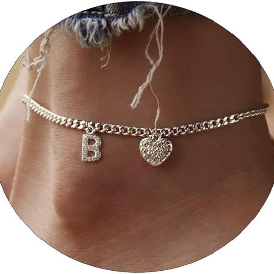 Amazon exquisite silver initial anklet - minimalist personalized letter anklet with cz heart cuban chain