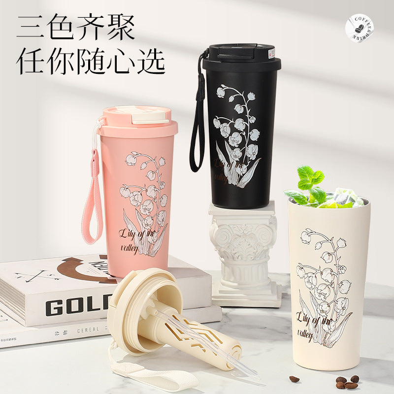 Creative artsyniche style lily of the valley coffee cup, straw, direct drinking, large capacity thermos cup, beautiful and portable satchel
