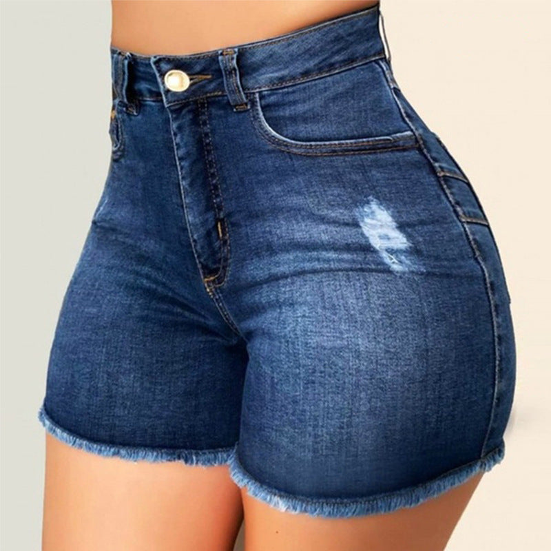 Amazon  hot selling denim shorts women's summer ins trendy high waist hem elastic ripped washed jeans