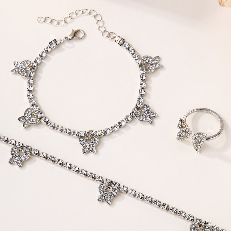 European and american cross-border e-commerce jewelry amazon hot-selling set: alloy butterfly pendant necklace, diamond-studded bracelet and ring for women